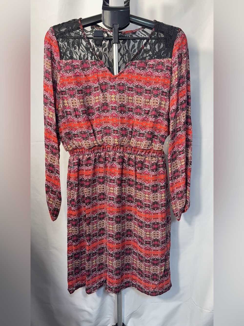 Emma & Michele Boho Multicolor Printed Long Sleeve Dress in Pink and Orange